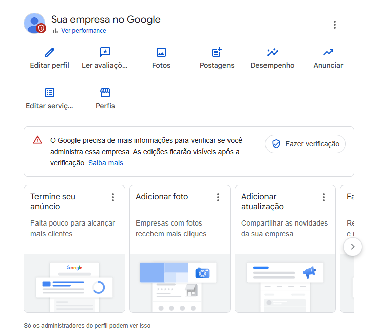 Tela inicial do business.google.com mostrando "Sua empresa no Google"