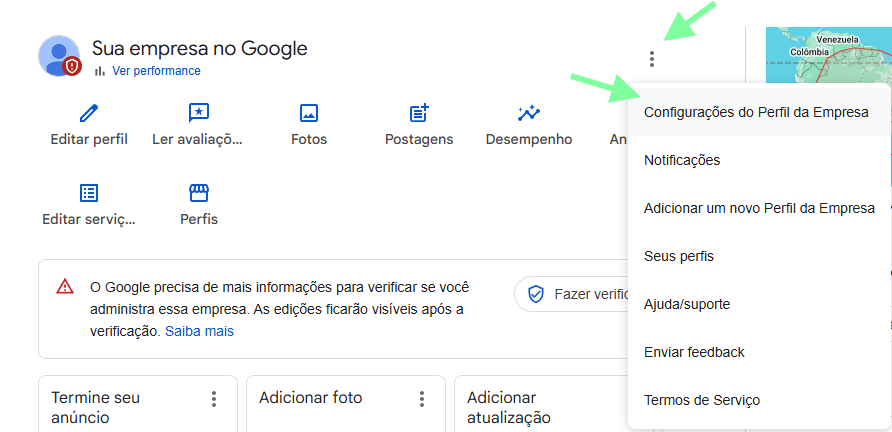 Menu aberto com a opção "Configurações do Perfil da Empresa" destacada
