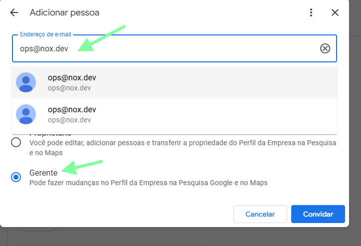 Tela Adicionar pessoa com email ops@nox.dev, opção Gerente selecionada e botão Convidar