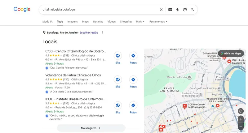 Resultado do Google para oftalmologista botafogo